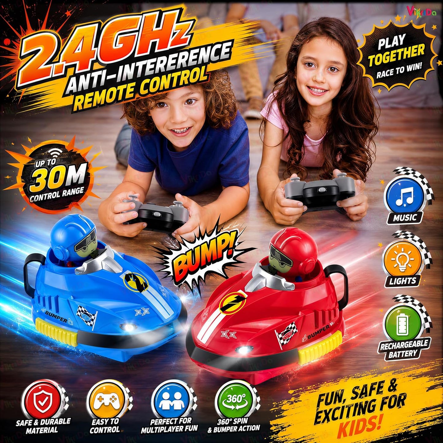Remote Control Bumper Cars - 2-Player Battle Set with Lights, Music & Rechargeable Battery