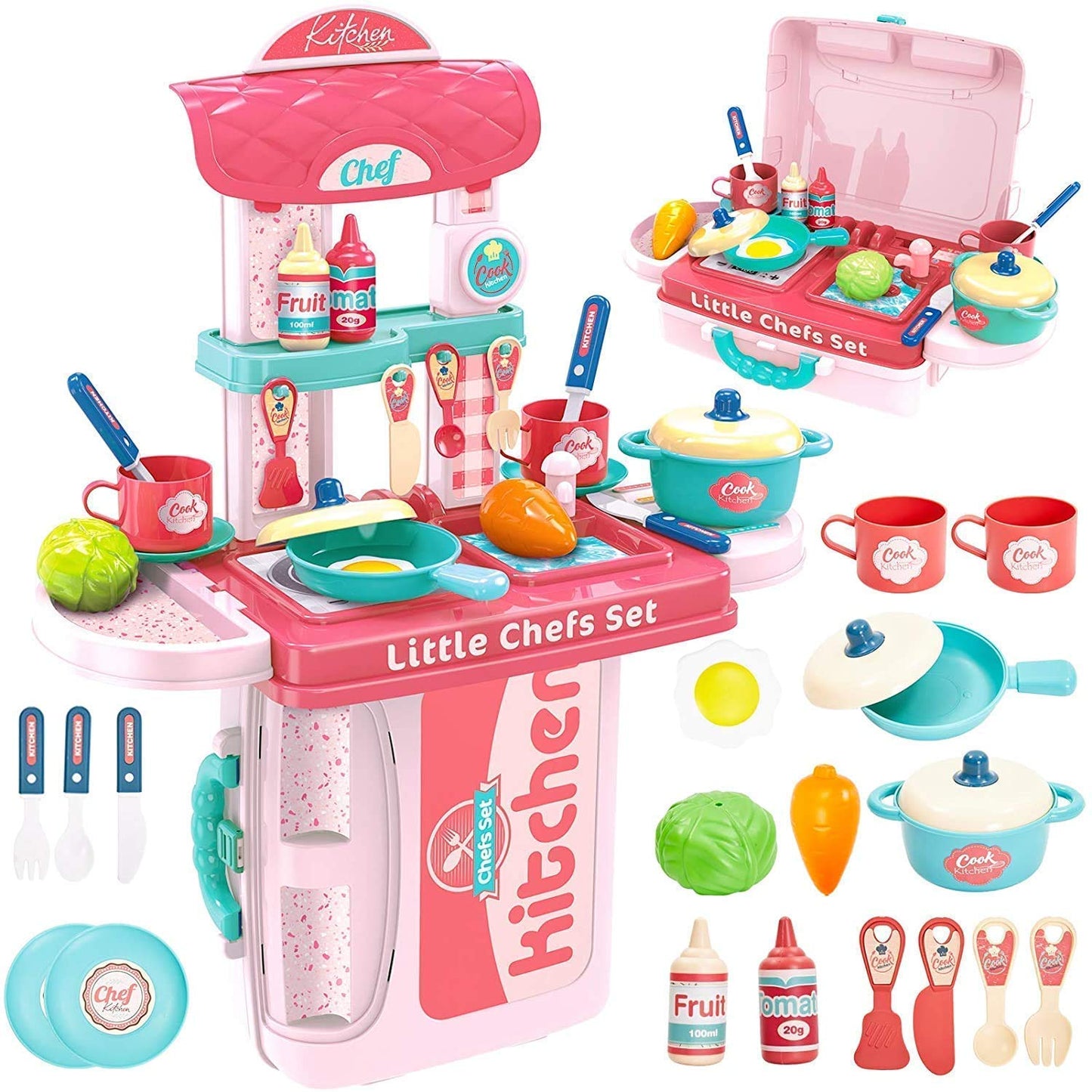 Little Chef 2-in-1 Portable Kitchen Play Set - Suitcase Kitchen with Pots, Pans & Play Food