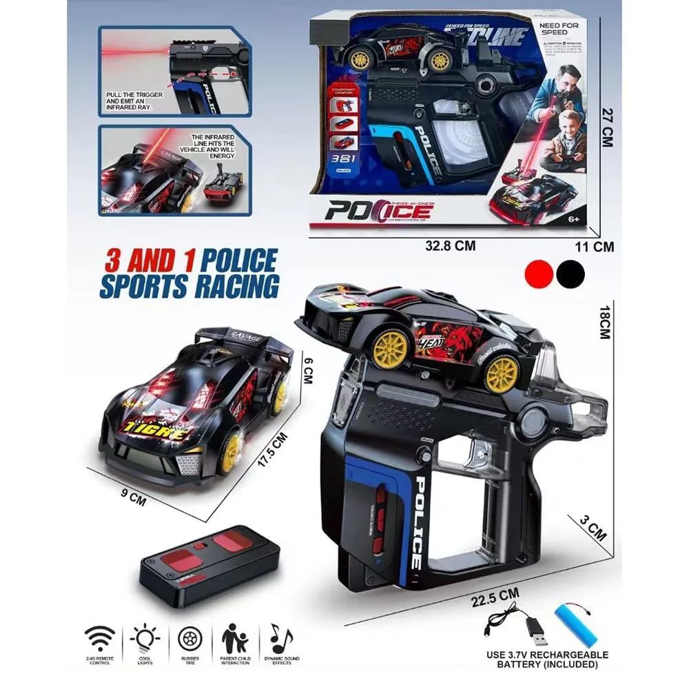 3-in-1 Police Laser Remote Control Car Toy with Infrared Gun Controller, Rechargeable RC Racing Car with Lights & Sound, Interactive Shooting Car Toy for Kids Boys Girls Gift Age 6+(Multicolor)