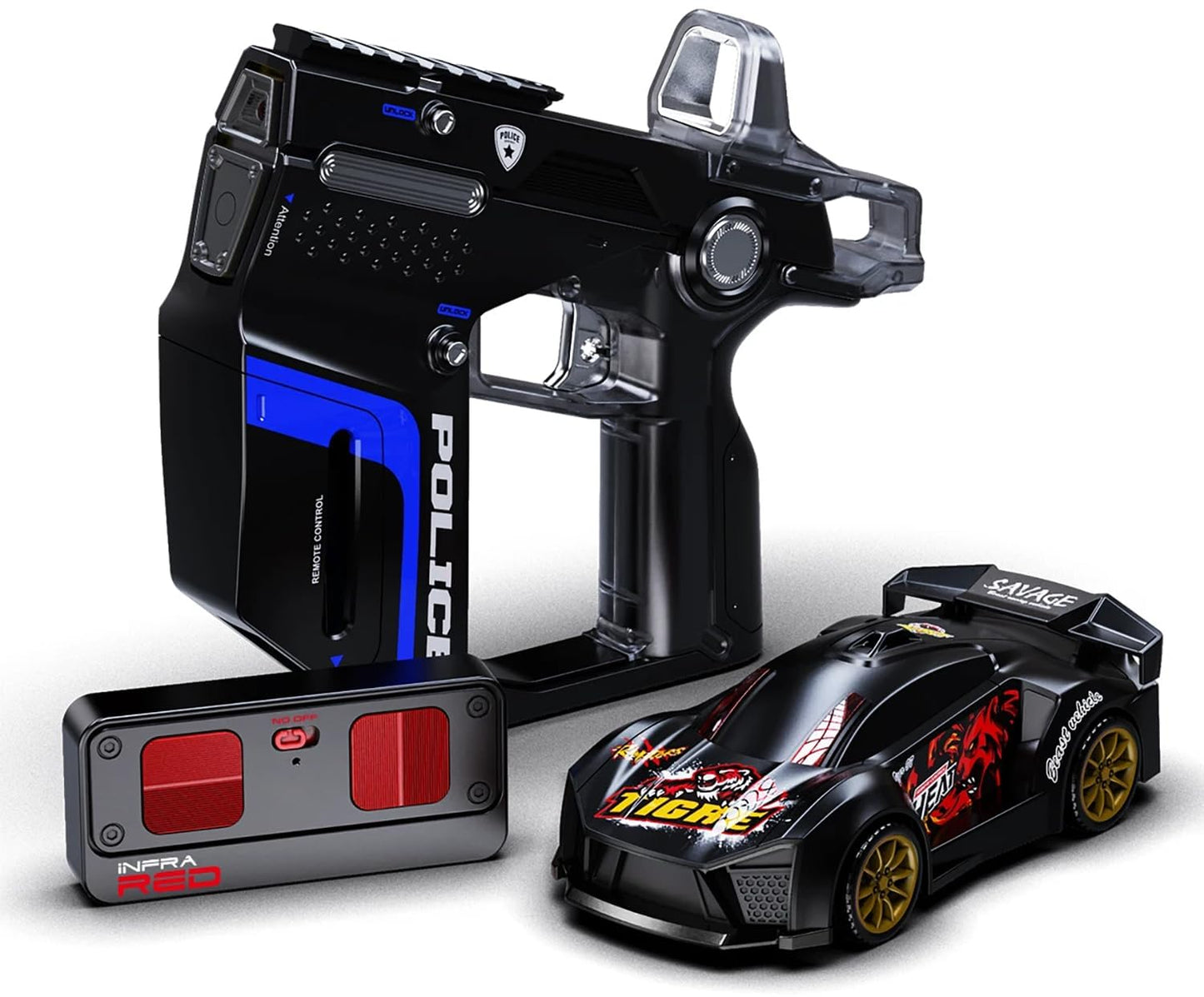 3-in-1 Police Laser Remote Control Car Toy with Infrared Gun Controller, Rechargeable RC Racing Car with Lights & Sound, Interactive Shooting Car Toy for Kids Boys Girls Gift Age 6+(Multicolor)