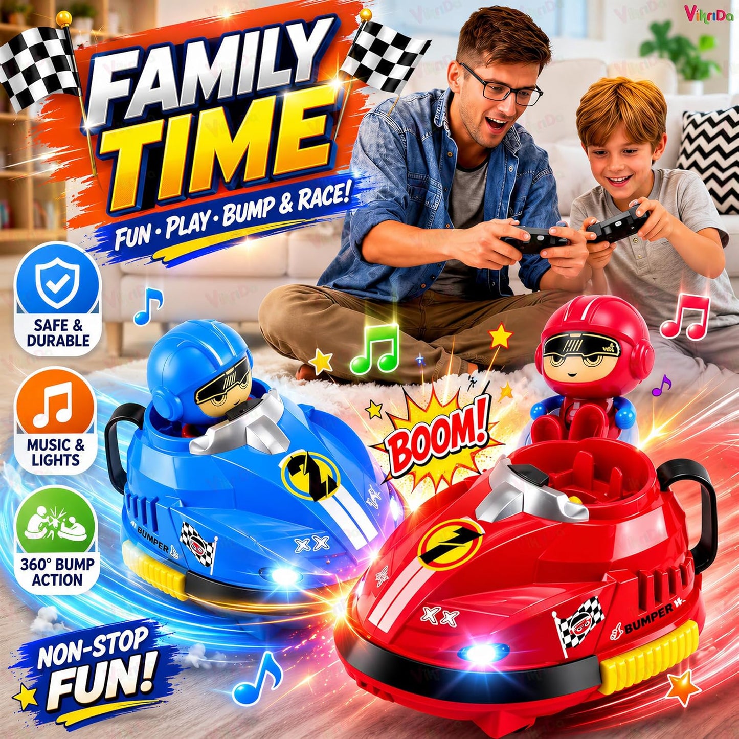 Remote Control Bumper Cars - 2-Player Battle Set with Lights, Music & Rechargeable Battery